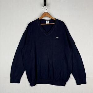 Vintage Lacoste Men’s V-Neck Sweater Navy Blue 3XL Cotton (9)